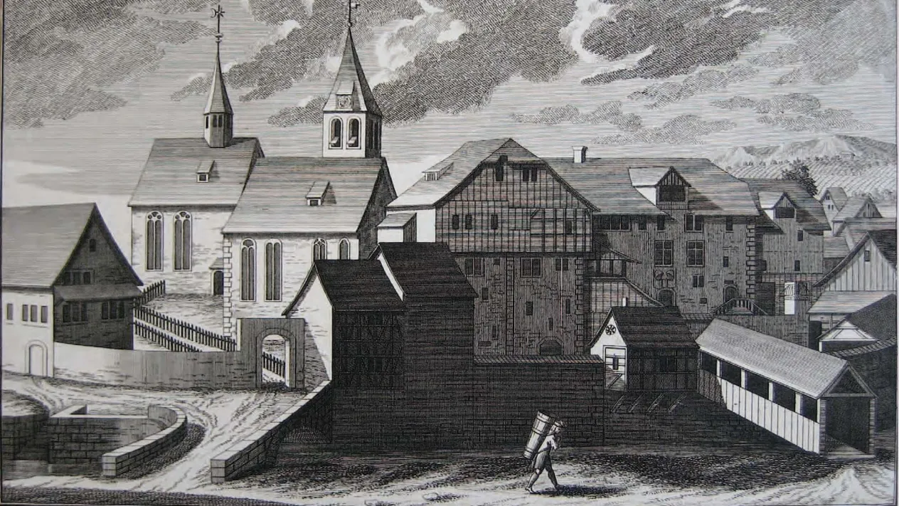 Kirche 1742 (Foto: Grafische Sammlung Zentralbibliothek Zürich) Kirche 1742 — Kirche und Amtshaus mit Dorfbach. Stich von David Herrliberger, 1742 (Foto: Grafische Sammlung Zentralbibliothek Zürich)
